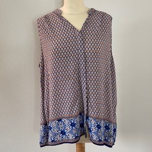 Anne Carson Blue Orange Sleeveless Blouse Top 1X Geometric V Neck Buttons Front